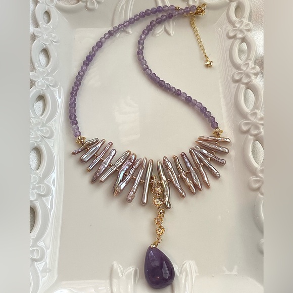 GP35-Handmade Purple Chopstick Pearl And Amethyst Necklace - Picture 13 of 13